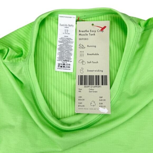 NWT SWEATY BETTY Breathe Easy Crop Muscle Tank Sz 14 Zest Green - Picture 3 of 6